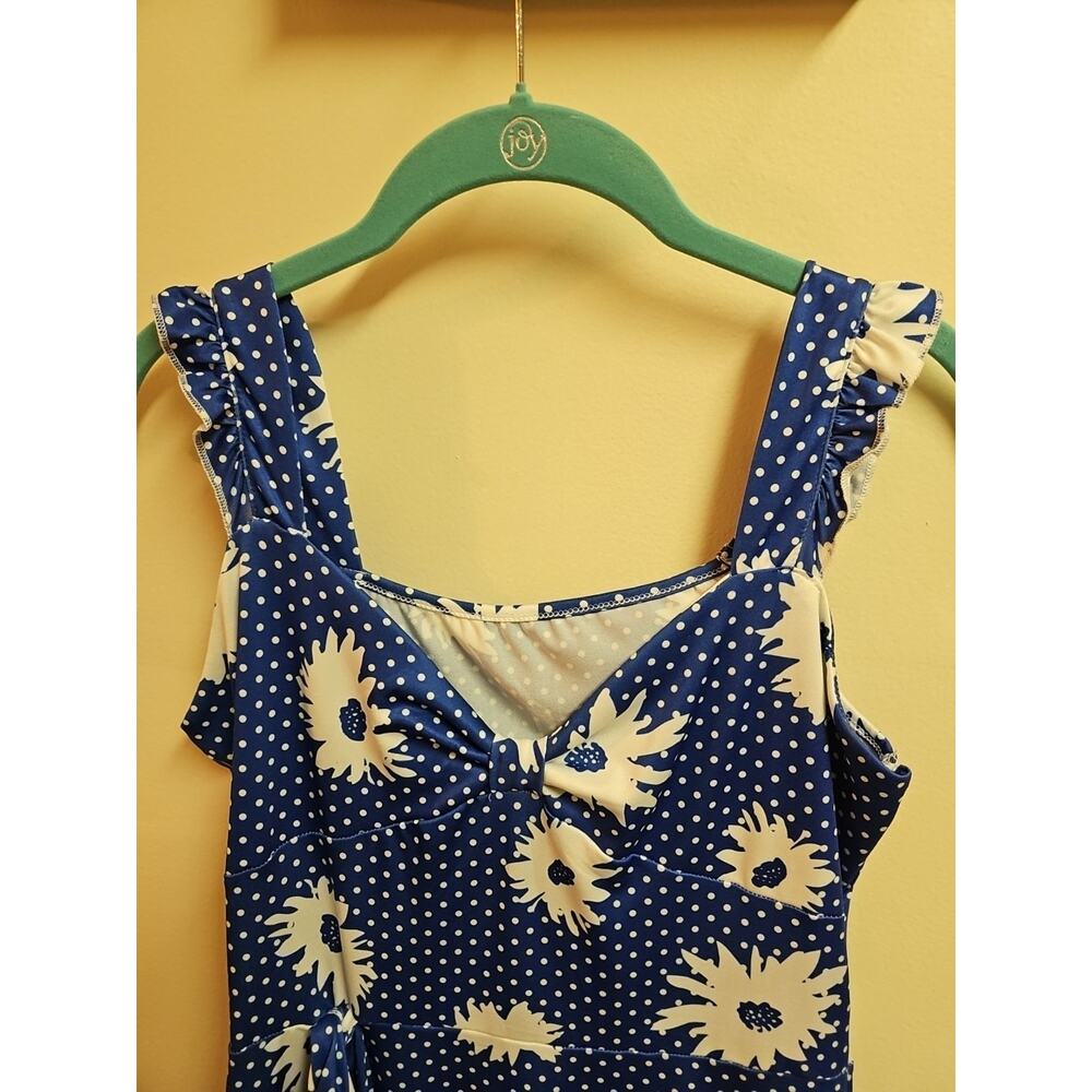 Blue and White Polka Dot Mock Wrap Dress with Flowers Size Small - Picture 3 of 8